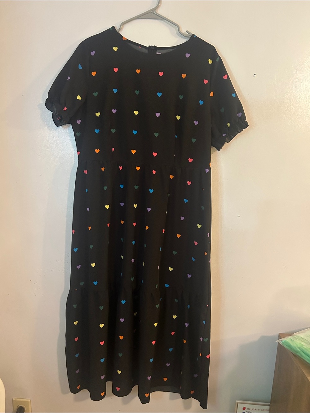 Black Midi Dress with Multicolor Heart Print